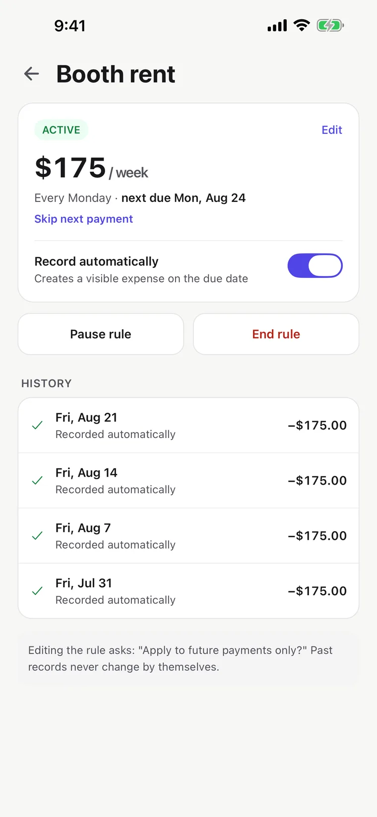 Booth rent screen: the recurring amount and its schedule, recorded automatically, with payment history